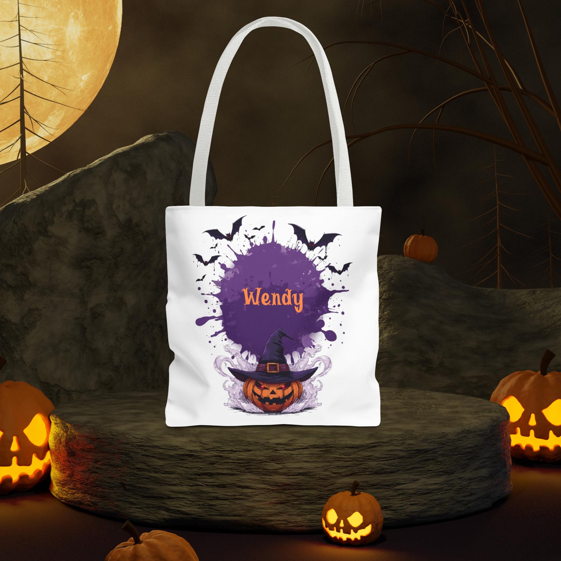 Personalized Kids Halloween Treat Bag featuring a witch hat and pumpkins, custom name 'Wendy' in spooky design.