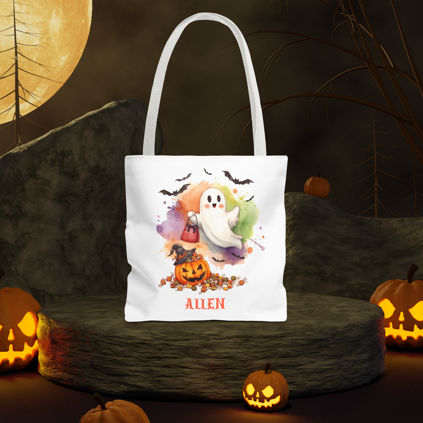 Custom Kids Halloween Trick or Treat Bag – Personalized Ghost & Pumpkin Candy Tote Sack – Children’s Halloween Gift, Reusable Candy Bag