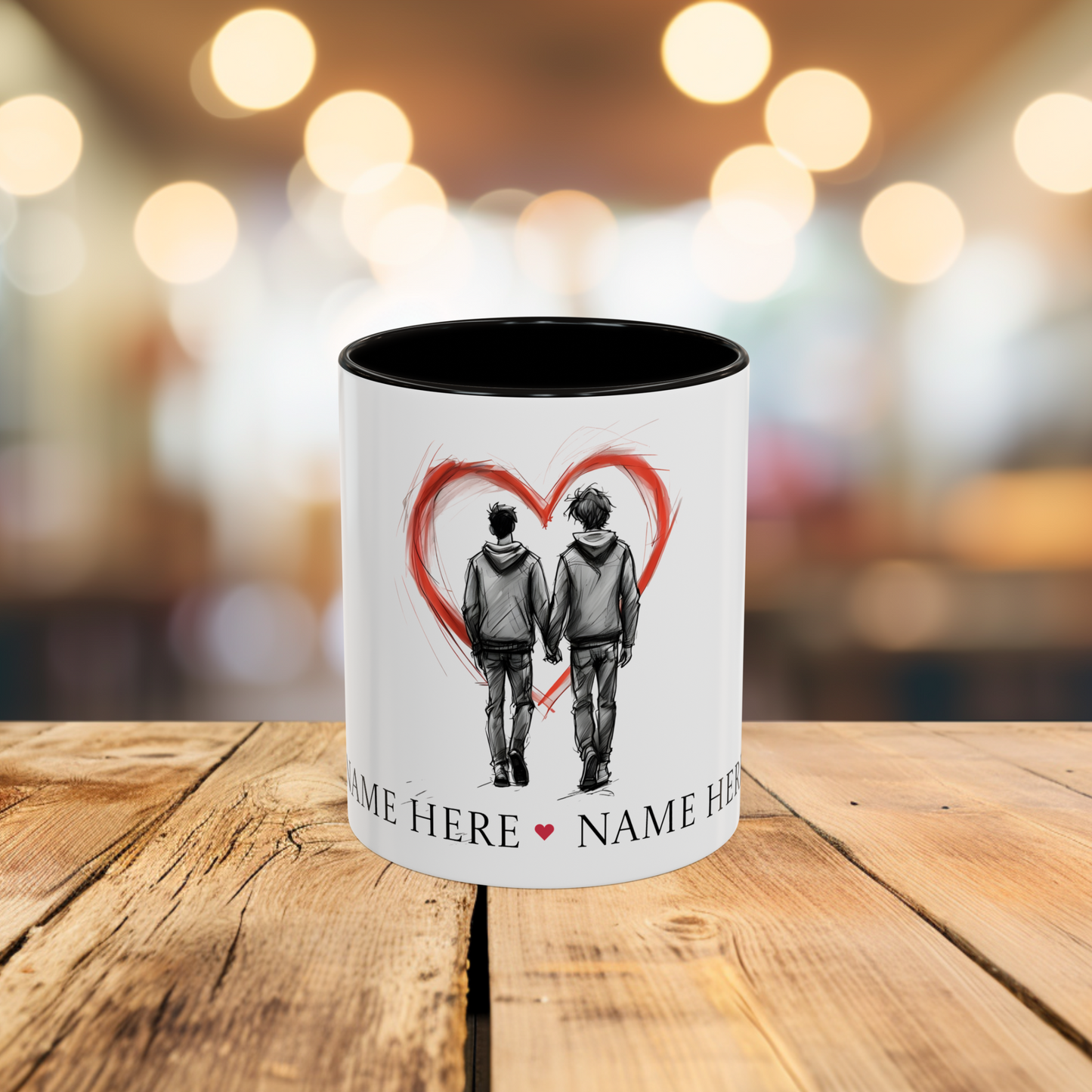 Personalized gay couple coffee mug with names, heart design, perfect for anniversaries and weddings.
