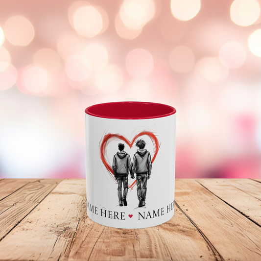 Personalized gay couple coffee mug with names, heart design, perfect for anniversaries and weddings.