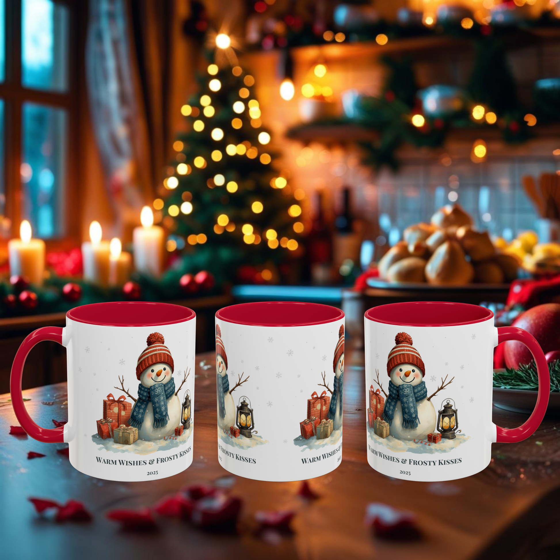 Snowman coffee mug featuring a festive design with gifts and the message 'Warm Wishes & Frosty Kisses'