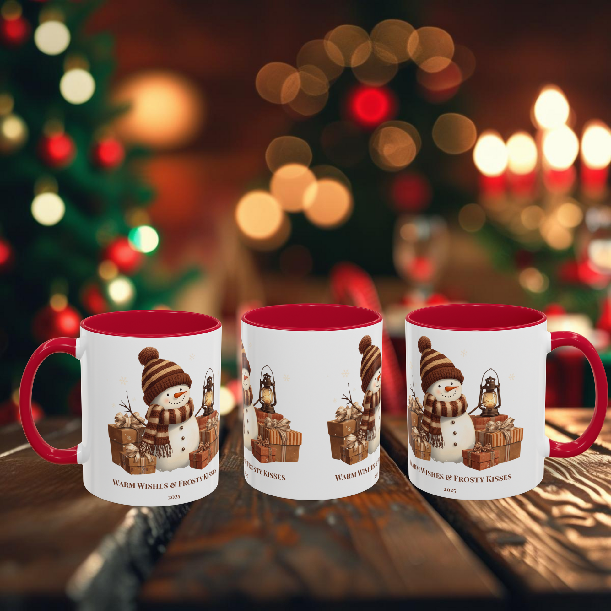 Snowman coffee mug featuring a festive design with gifts and the message 'Warm Wishes & Frosty Kisses'