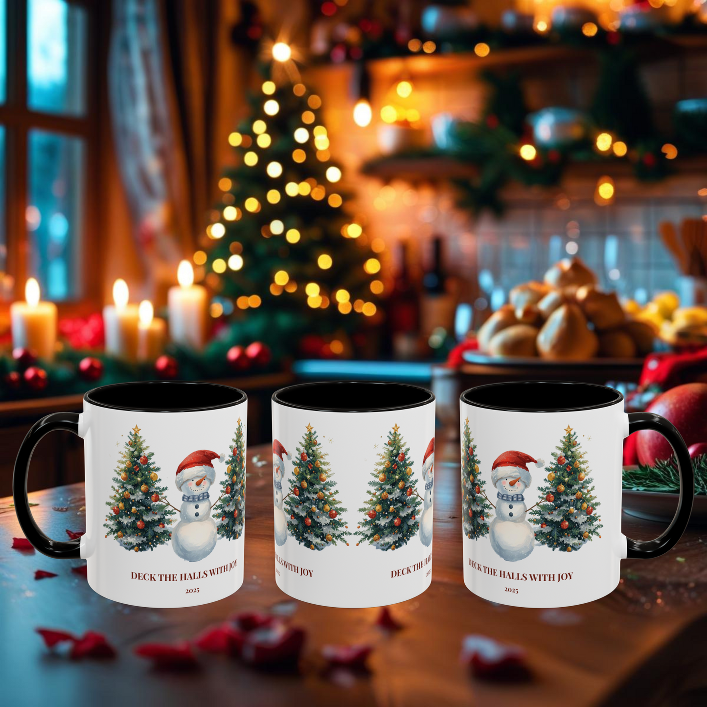 Festive snowman coffee mug featuring cheerful Christmas trees and a joyful holiday design.