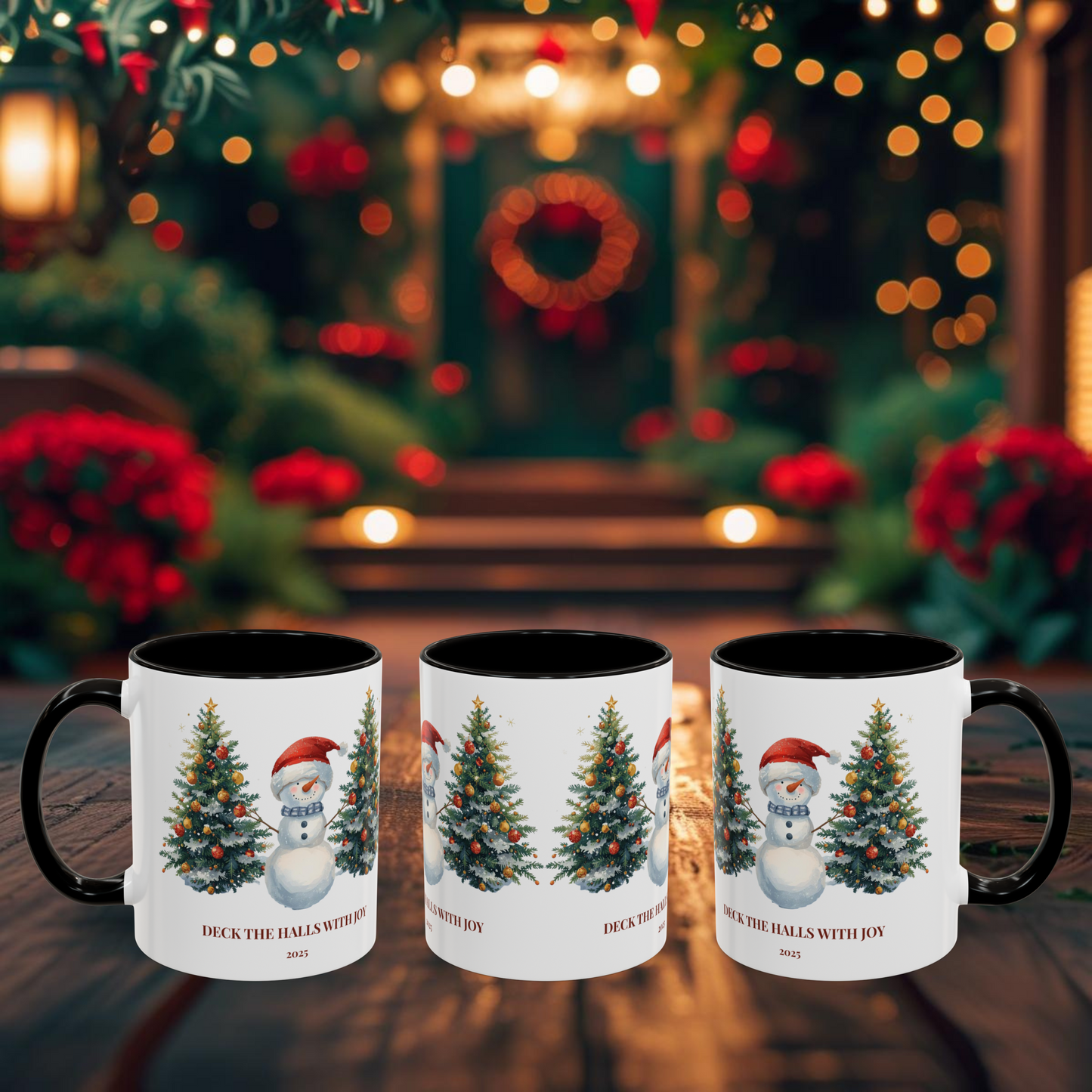 Festive snowman coffee mug featuring cheerful Christmas trees and a joyful holiday design.