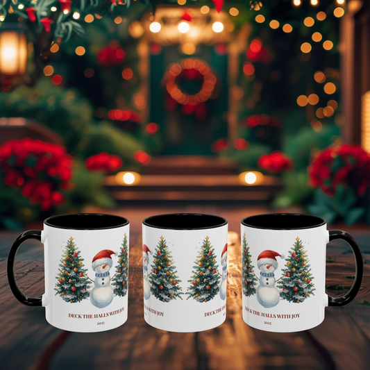 Festive snowman coffee mug featuring cheerful Christmas trees and a joyful holiday design.