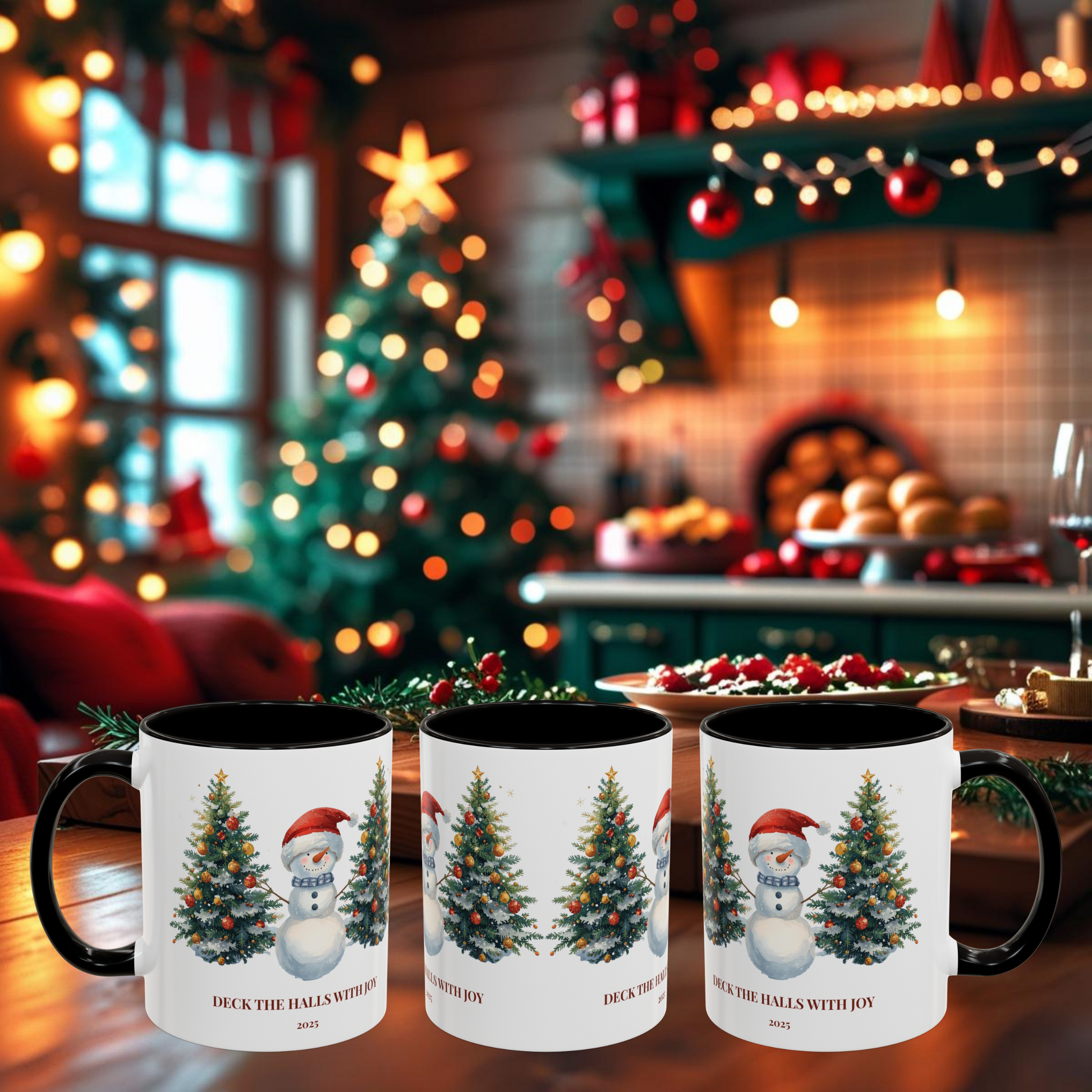 Christmas snowman mug with festive tree design, perfect for holiday drinks and cozy moments.
