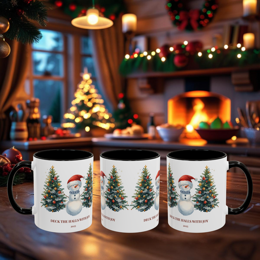 Christmas snowman mug with festive tree design, perfect for holiday drinks and cozy moments.