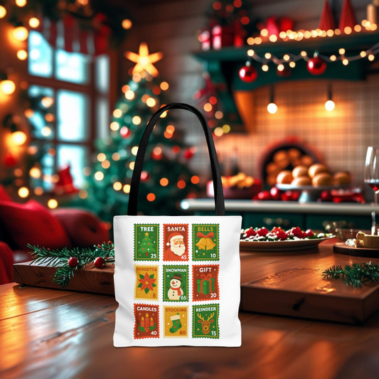 Festive Holiday Stamp Tote Bag, Xmas Gift Bag, Holiday Tote Bag, Custom Christmas Bag, Party Favor Gift Bag, Unique Gift Bag