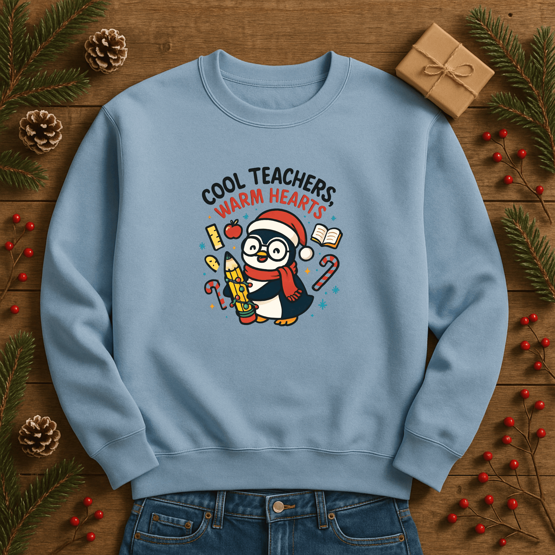 White sweatshirt featuring a cute penguin graphic with the text 'Cool Teachers Warm Hearts', perfect for teacher holiday gifts.