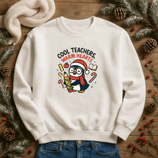 White sweatshirt featuring a cute penguin graphic with the text 'Cool Teachers Warm Hearts', perfect for teacher holiday gifts.