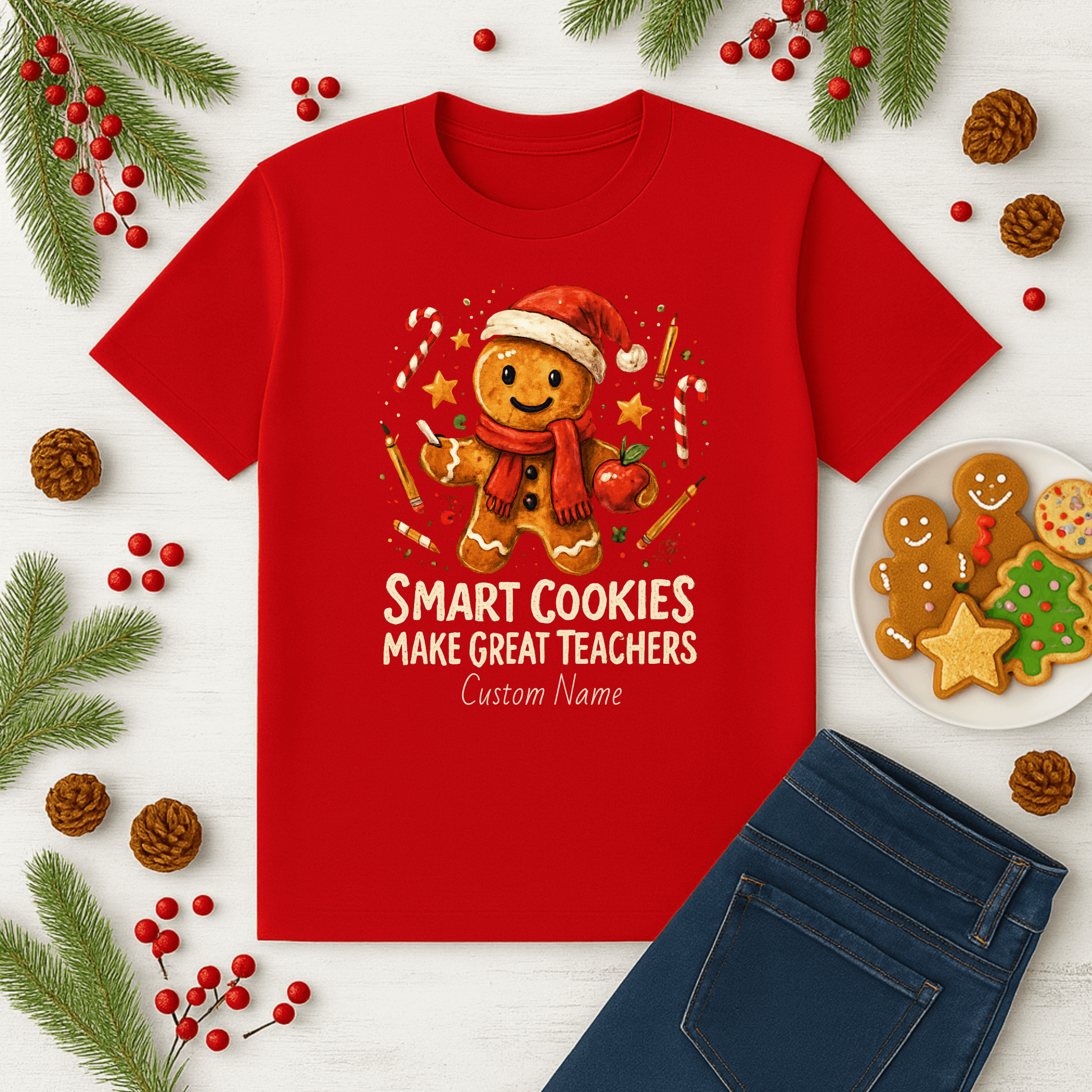 Gingerbread teacher holiday shirt with the phrase 'Smart Cookies Make Great Teachers' and festive decorations.