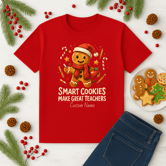 Gingerbread teacher holiday shirt with the phrase 'Smart Cookies Make Great Teachers' and festive decorations.