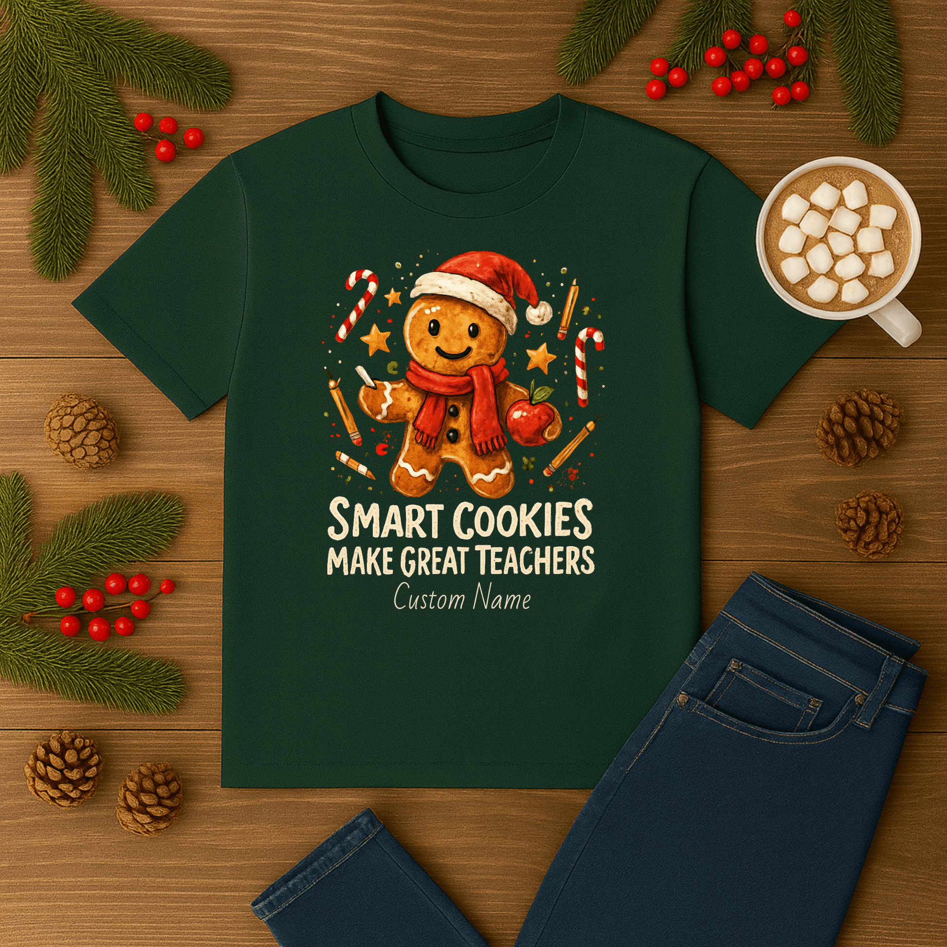 Gingerbread teacher holiday shirt with the phrase 'Smart Cookies Make Great Teachers' and festive decorations.
