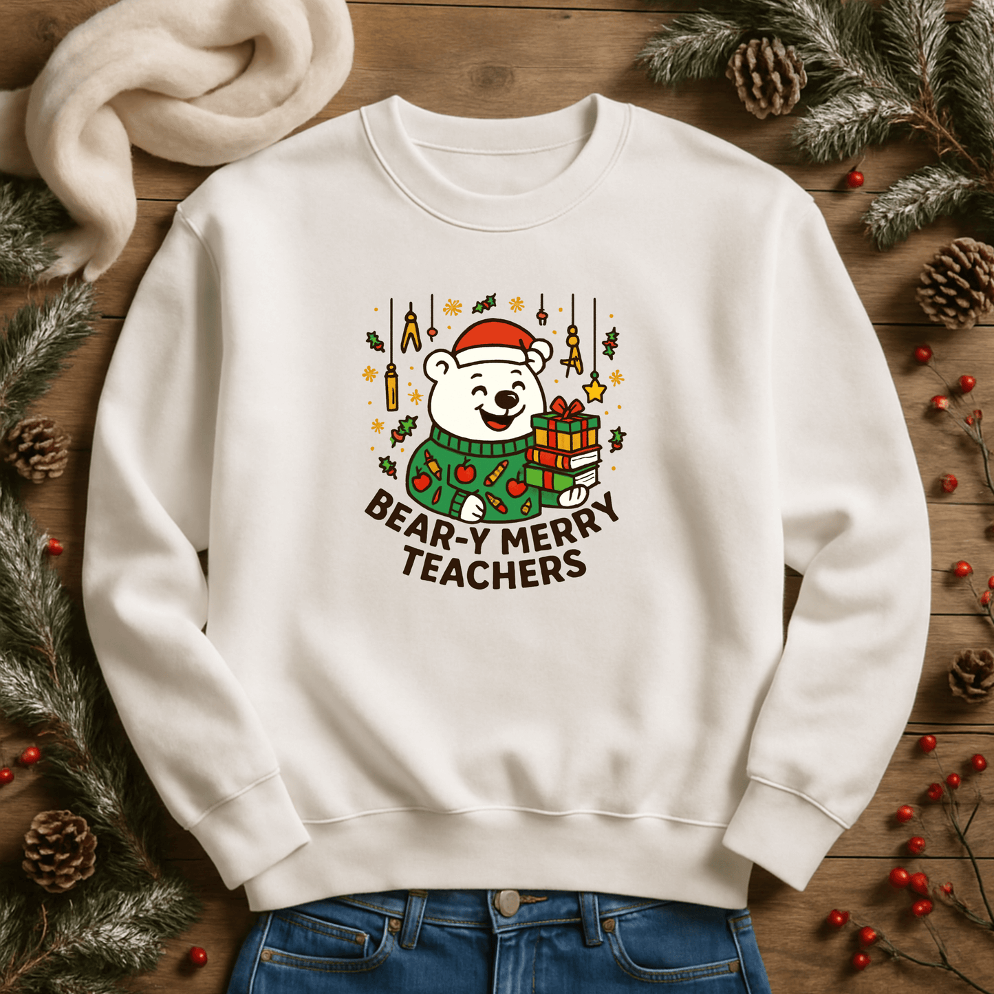 Custom Bear-y Merry Teachers sweatshirt with festive bear design, perfect holiday gift for educators.