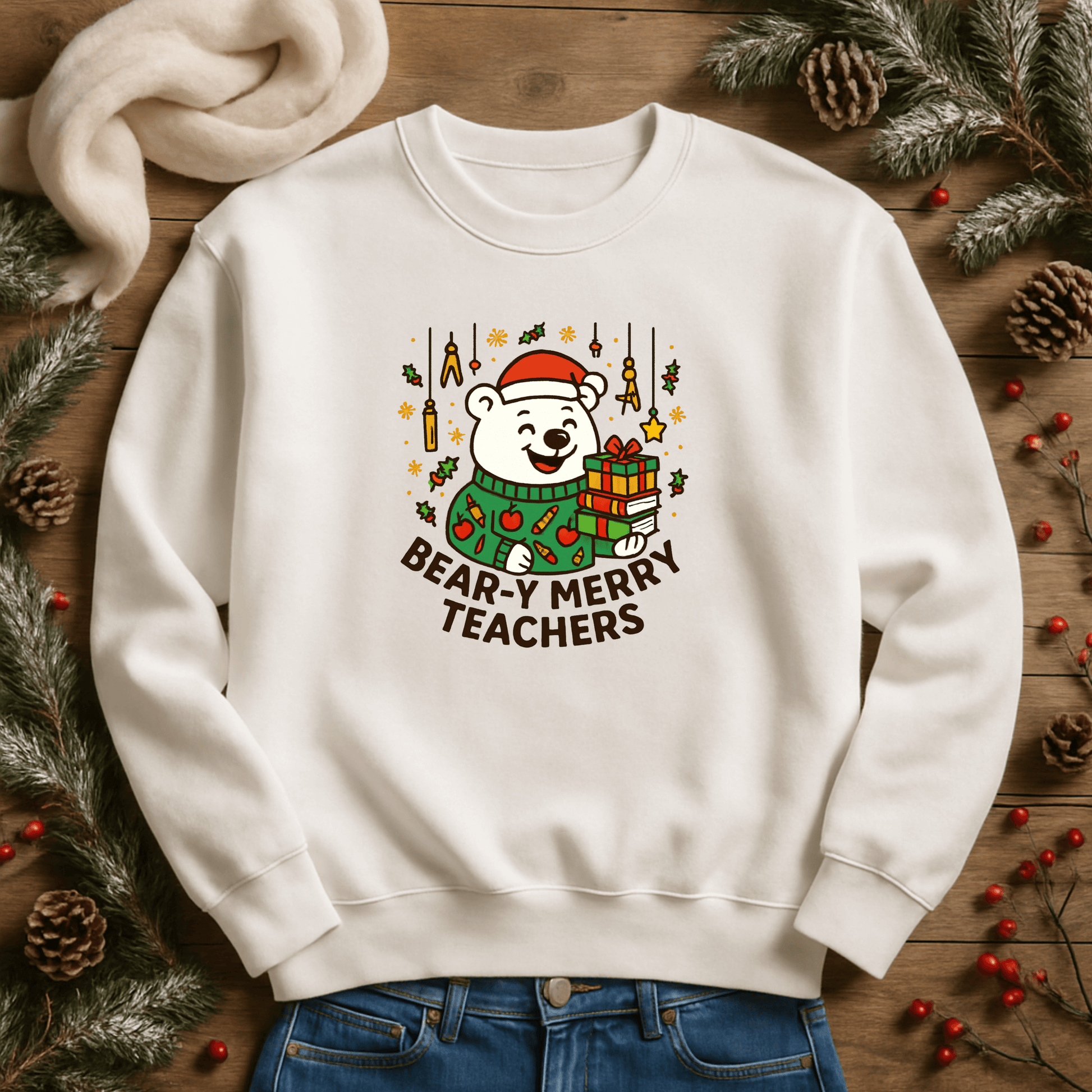 Custom Bear-y Merry Teachers sweatshirt with festive bear design, perfect holiday gift for educators.
