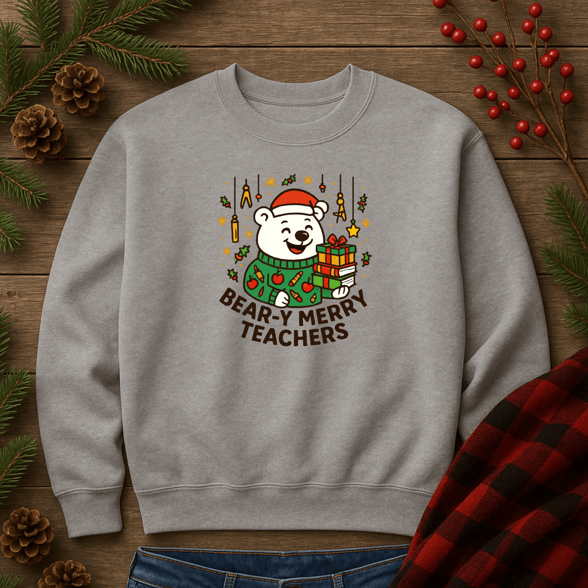 Custom Bear-y Merry Teachers sweatshirt with festive bear design, perfect holiday gift for educators.