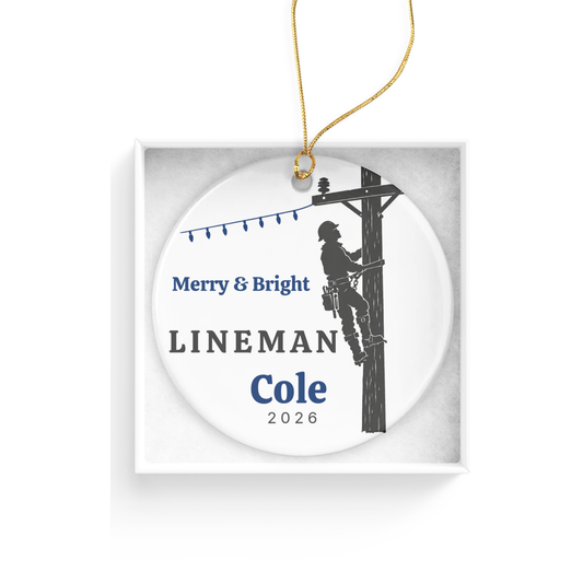 DESIGN A - Merry & Bright Lineman personalized round ceramic ornament in a white gift box